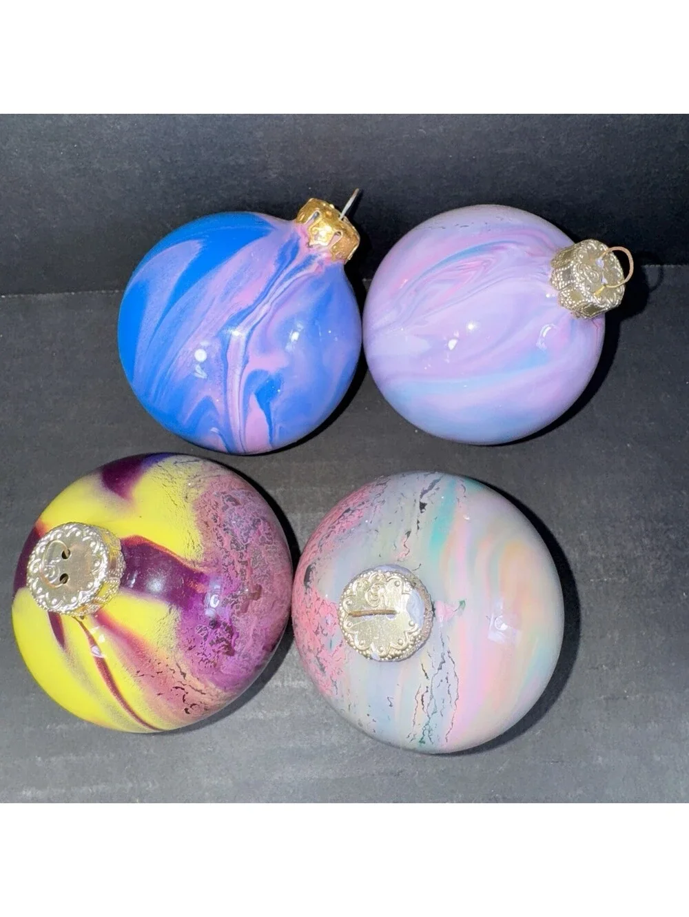 4 Vintage Glass Christmas Ornaments Hand Painted Swirl Marble Pattern 2.5” Retro
